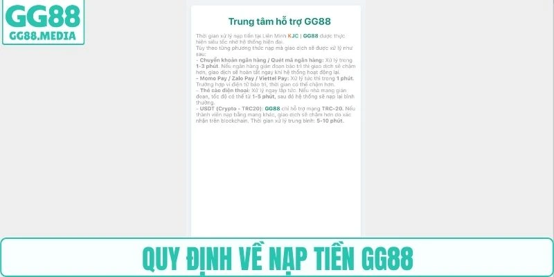 Quy định về nạp tiền GG88